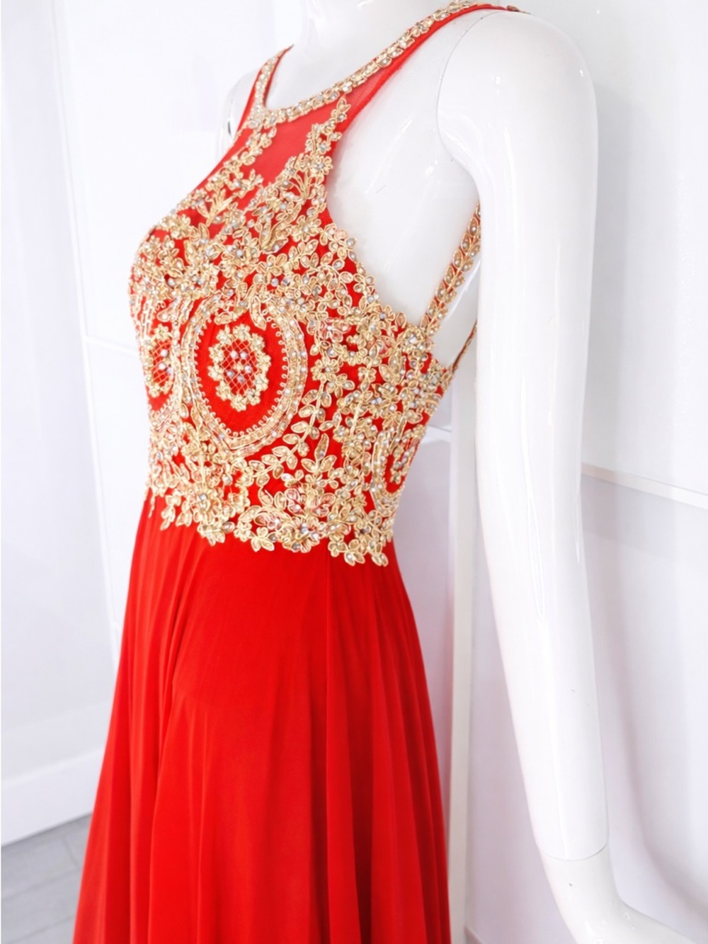 💎 ANNY LEE - LIKE NEW Red Gold Embroidered Prom Princess Formal Maxi Dress Sz S - Picture 3 of 10